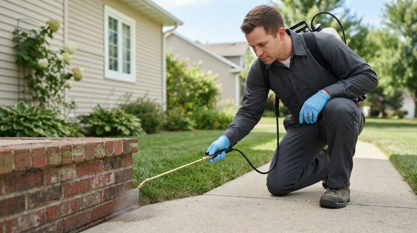 Pest control technician treating a home near Filley, NE